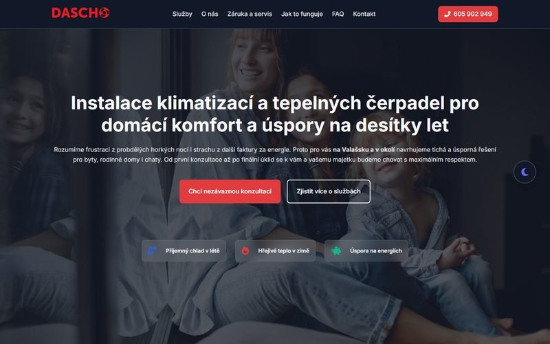 Úvodní obrazovka webu dascho.cz — instalace klimatizací a tepelných čerpadel