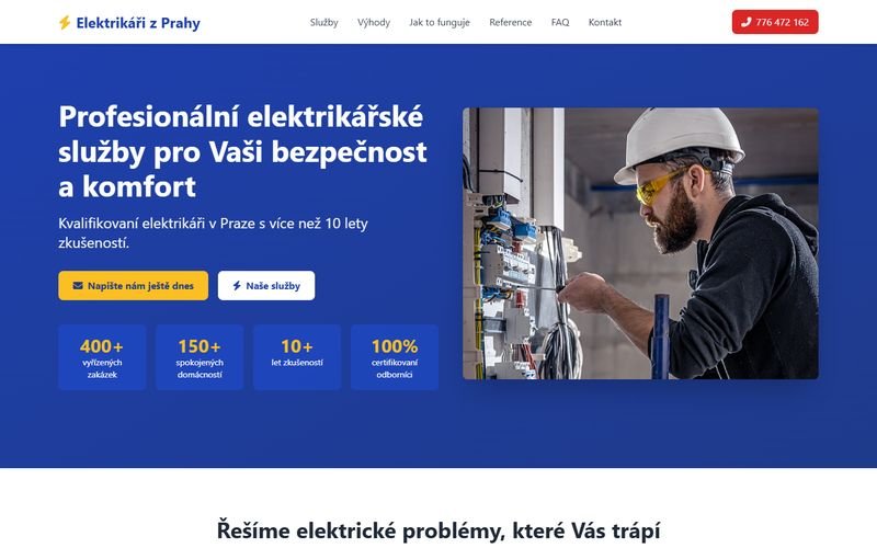 Úvodní obrazovka webu elektrikarizprahy.cz — elektrikářské služby v Praze