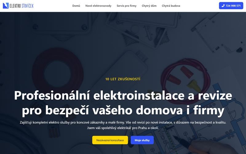 Úvodní obrazovka webu elektrostovicek.cz — elektroinstalace a revize