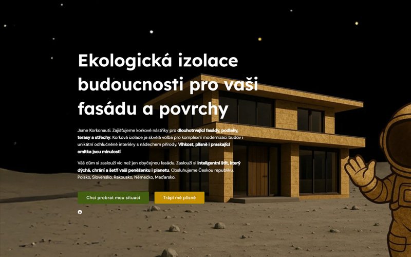Úvodní obrazovka webu korkonaut.cz — korkové izolace fasád